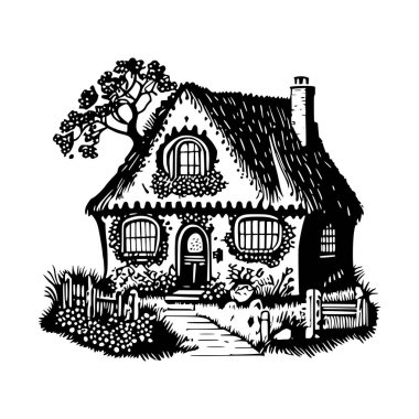 Kırsal kesimdeki tuhaf, eski bir kır evinin basit, düz bir siyah grafik çizimi..