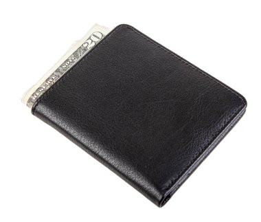 black leather wallet with banknotes lying on a white background