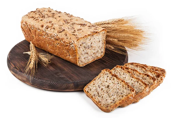 Frisch Gebackenes Brot Und Weizenähren Auf Rustikalem Hintergrund Getönt — Stockfoto