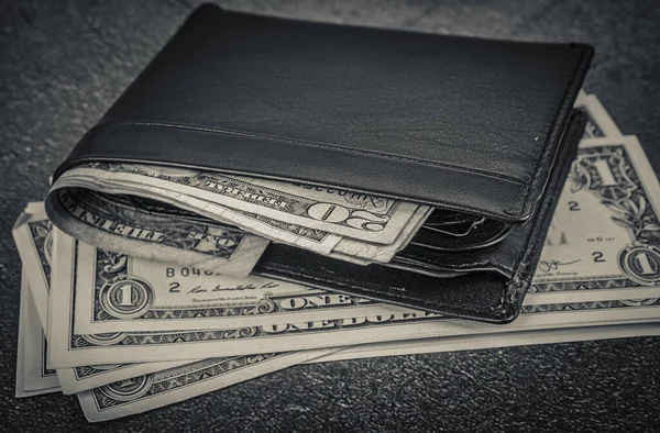 Black Leather Wallet Dollar Bills Asphalt Background Toned — Stock Photo, Image