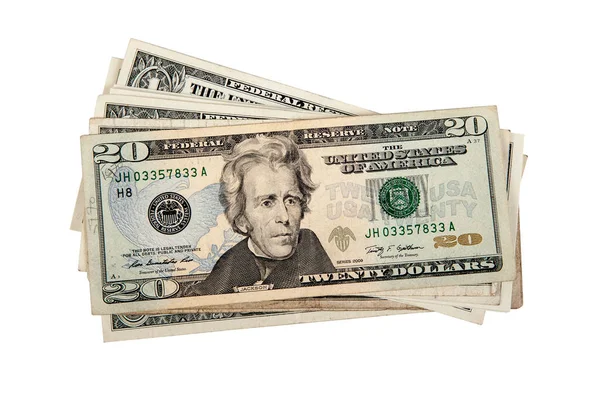 Dolarové Bankovky Izolované Bílém Pozadí Výstřižkovou Cestou Studio Shot Stock Snímky