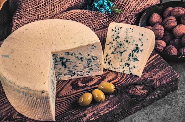 奶酪系列 一块带有蓝色霉菌的戈贡佐拉奶酪 — 图库照片
