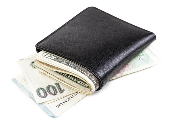 Black Leather Wallet Money White Background Isolated — Stock Photo, Image
