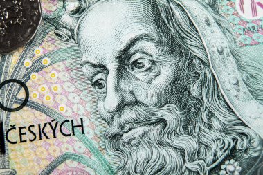 Çek Ulusal Bankası 'nın banknotlarına yakın çekim. Çek Cumhuriyeti 'nde para birimi.