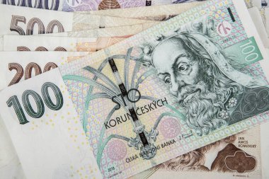 Çek Ulusal Bankası 'nın banknotlarına yakın çekim. Çek Cumhuriyeti 'nde para birimi.