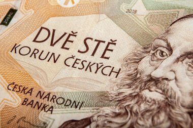 Çek Ulusal Bankası 'nın banknotlarına yakın çekim. Çek Cumhuriyeti 'nde para birimi.