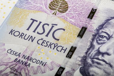 Çek Ulusal Bankası 'nın banknotlarına yakın çekim. Çek Cumhuriyeti 'nde para birimi.