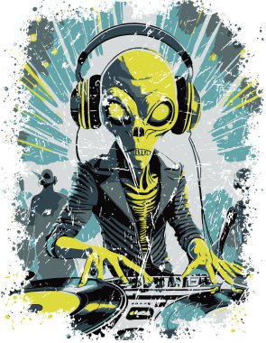 illustration of a alien playing music with headphones and turntable clipart