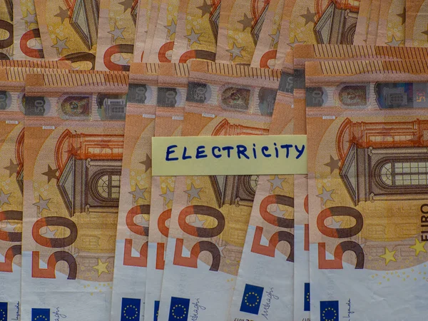 Ιστορικό Των Τραπεζογραμματίων Των Ευρώ Επιγραφή Στο Φύλλο Ηλεκτρικοτητα Χρήματα — Φωτογραφία Αρχείου