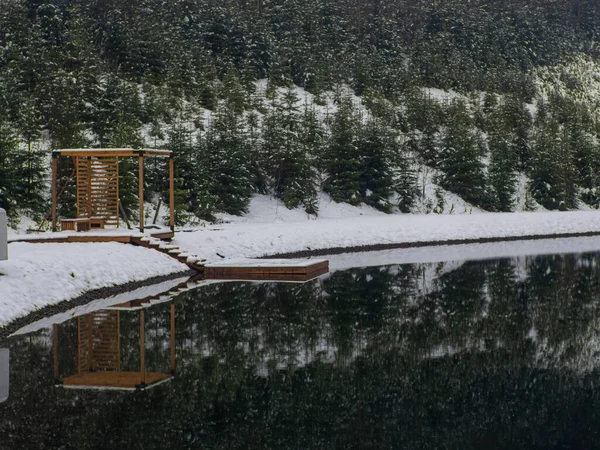 Wooden pier on the winter lake in the Carpathians, Ukraine. Landscapes with coniferous forest on a cloudy snowy day. Sights of the modern popular ski resort of Bukovel. Lake near Bukovel in winter.