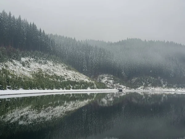 Winter lake and forest in the Carpathians, Ukraine. Landscapes with coniferous forest on a cloudy snowy day. Sights of the modern popular ski resort of Bukovel. Lake near Bukovel in winter.