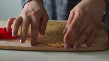 Kadın eli, zencefil hamuru ve oyma heykelciklerle yakın plan. Tavşan şekilleri. Paskalya şekilli kurabiye kesicilerle şekerli kurabiye hamuru kesmek. Paskalya hazırlığı. Tatil pişirme.
