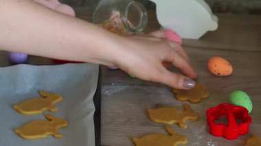 Kadınların elleri zencefilli hamurdan çiğ kurabiyeler koyuyor. Tavşan şekilleri. Şeker hamurunu paskalya şekilli kurabiye kesicilerle doğramak. Paskalya hazırlığı. Tatil pişirme.