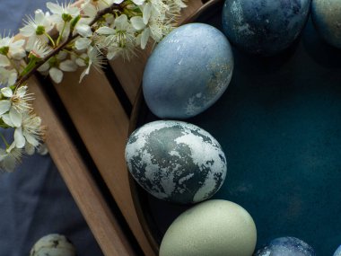 Mavi boyalı Paskalya yumurtaları. Mermer taş efektli boyalı Paskalya yumurtaları kiraz çiçekli dallarla ahşap arka planda mavi renk. Paskalya geçmişi. Boşluğu kopyala, Ester bayramı kartpostal kavramı.