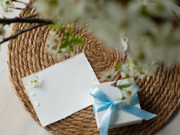 Buquê Flores Cereja Vaso Caixa Presente Com Arco Azul Cartão — Fotografia de Stock