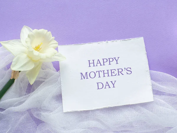 水仙花开在紫丁香背景上 白卡上有快乐妈妈日 母亲节贺卡 纸片的文字和水仙紫色背景 恭喜你平躺在床上 — 图库照片