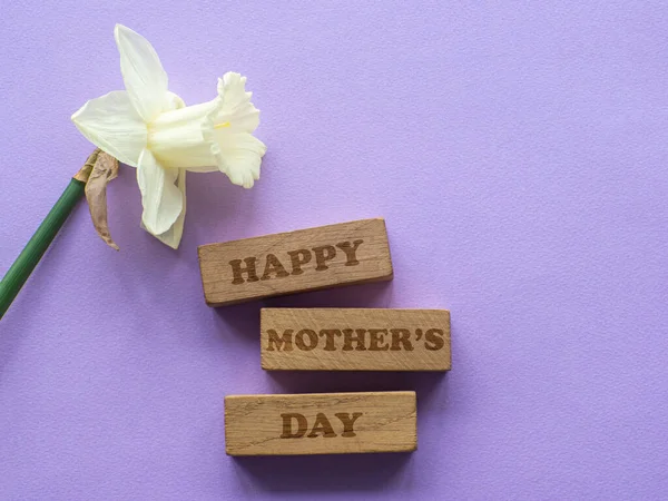 在紫丁香的背景下 与快乐妈妈共度的菊花和森林 母亲节贺卡 带有文字和紫色背景的水仙的木板 恭喜你平躺在床上 — 图库照片
