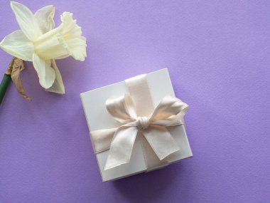 Nergisler çiçek ve arkaplanda fotokopi alanı olan bir hediye kutusu. Kadınlar ve Anneler Günü tebrik kartı. Mor arka planda metin ve narsislere yer var. Doğum günün kutlu olsun..