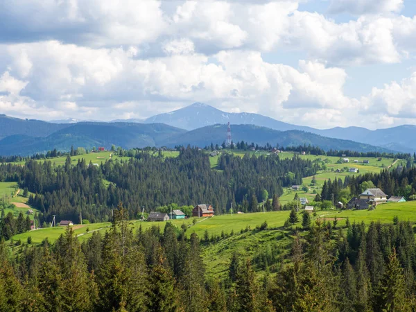 Carpathian Landscape Cloudy Sky Green Meadows Mountains Forest Lifestyle Carpathian — Stock Photo, Image