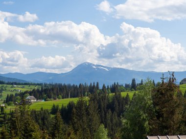 Bulutlu gökyüzü ile Karpatya manzarası. Ormanın yakınındaki dağlarda yeşil çayırlar. Carpathian bölgesinde yaşam tarzı. Ekoloji koruma konsepti. Dünyanın güzelliğini keşfet..