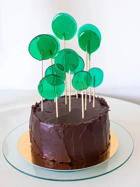 Chokladkaka Med Gröna Godis Pinnar Vit Bakgrund Födelsedagstårta Med Brun — Stockfoto