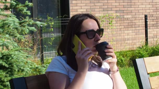 快乐的黑发女人坐在长椅上 喝咖啡 在公园里打电话 生活方式和人们的观念 一个微笑的女人在街上用智能手机打电话 — 图库视频影像
