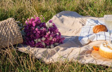 Meyveli ve pastalı bej battaniye, cheesecake, kruvasan, bir bardak şarap ve pembe çiçekli saman torbası. Yaz tatillerinde ya da hafta sonları şehir parkında piknik yapma fikri. Boşluğu kopyala.