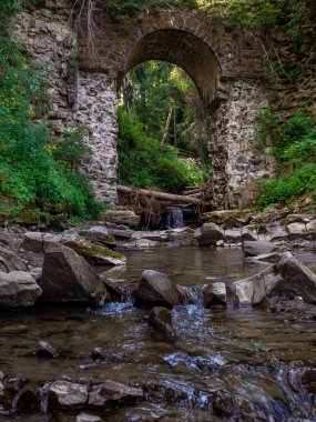 Ukrayna 'nın Karpat Dağları' ndaki Vorokhta köyündeki dar açılı viyadük köprü kalıntıları. Eski taş kemerli bir dağ ormanındaki küçük bir nehrin üzerinde yıkılmış bir köprü..