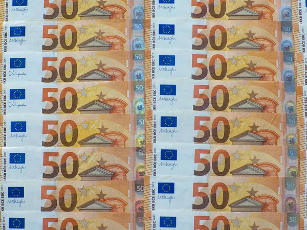 Egy Eurós Névértékű Európai Uniós Pénzcsomag Ötven Eurós Bankjegyek Háttere — Stock Fotó