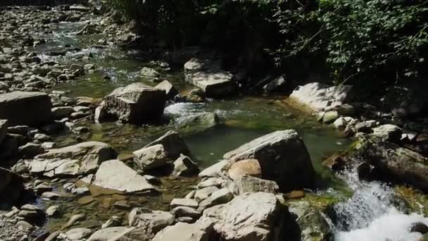 Pequeno Rio Fluindo Rápida Vividamente Através Seu Vale Pedregoso Selvagem — Vídeo de Stock