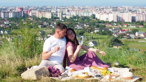 一个戴着太阳镜的时髦男人和一个穿着粉色长裙的女人坐在毛毯上 用眼镜喝香槟 年轻夫妇带着夏天的水果 糕点和饮料去野餐 复制空间 — 图库视频影像