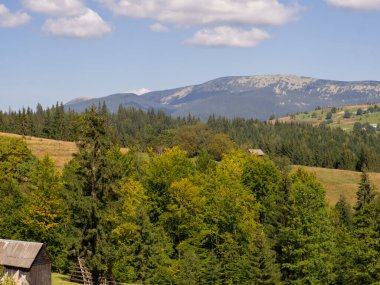 Bulutlu gökyüzü ile Karpatya manzarası. Ahırlı yeşil çayırlar ve orman yakınlarındaki dağlarda evler. Carpathian bölgesinde yaşam tarzı. Ekoloji koruma konsepti. Dünyanın güzelliğini keşfet..