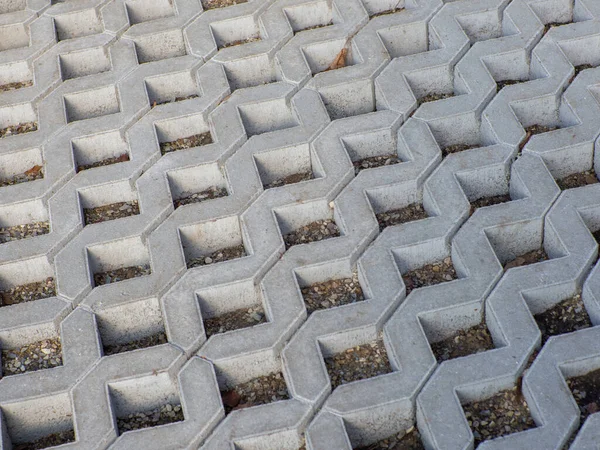 コンクリートセルのエコフレンドリーな駐車場 環境問題のための現代革新的なソリューション 緑のためのスペースが付いている具体的なブロック 草の穴が付いている床の石のタイル — ストック写真