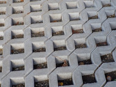 Beton hücrelerin çevre dostu park yeri. Çevresel sorunlar için modern yenilikçi çözüm. Yeşillik için alanı olan beton bloklar. Çimenler için delikleri olan taş döşeme taşı..