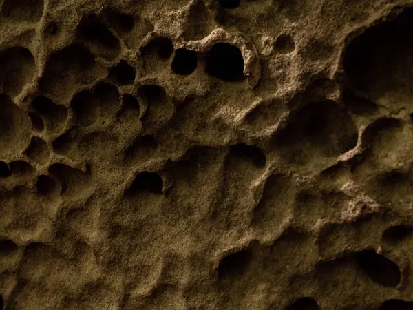 Doğal taş, bal peteği deliğine benzer. Deliklerle kaplı yıpranmış eski bir taş. Bir dağ kayasının dokusunu yakından çek. Film ve Grian simülasyonu işleniyor.