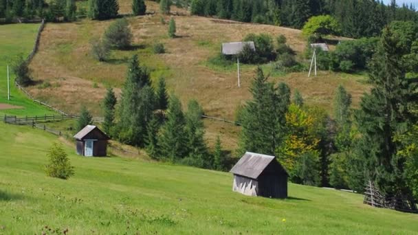 喀尔巴阡山 多云的天空 森林附近的绿色草地上有谷仓和山中的房屋 喀尔巴阡山脉地区的生活方式 生态保护的概念 探索世界的美丽 — 图库视频影像