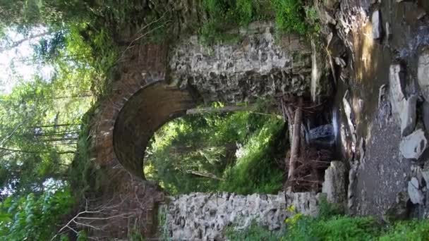 ウクライナ カルパティア山脈の村の狭軌のヴォロッカス橋の美しい遺跡 古い石は山林の小さな川の上に橋をアーチしました — ストック動画