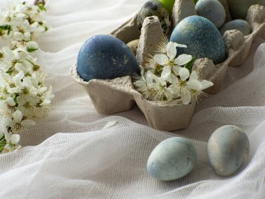 Tepside mavi renkli paskalya yumurtası. Mermer taşlı boyanmış Paskalya yumurtaları kiraz çiçekli beyaz masa örtüsüne açık mavi renk. Fotokopi alanı olan yumurta arkaplanı, Ester tatil kartpostal kavramı