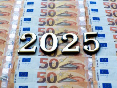 50 avroluk bir Avrupa Birliği parasıyla. Elli avroluk banknotların geçmişi ve kopyalama alanı olan 2025. Girişim sermaye yatırımı, finans, tasarruf, banka ve yeni yıl konsepti