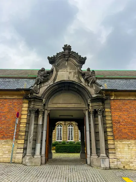 Leuvens 'ın büyüleyici girişinin büyüleyici bir görüntüsü. Güzel bir tuğla duvarın çerçevelediği tarihi binalar. Mimari ve seyahat temalı projeler için ideal. Belçika