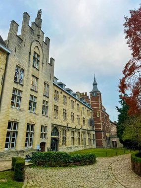 Bu resim, Leuven 'deki modern binaların çarpıcı bir çizgisel cephesini gösteriyor. Yeşillik ortasındaki eski bir kule binasını gösteriyor. Çakıl taşı yolları sizi keşfetmeye davet ediyor..