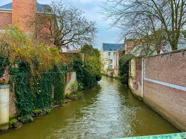 Leuven 'deki pitoresk kanal, çarpıcı bulutlu bir gökyüzünün altında yemyeşil çitler ve canlı kırmızı tuğlalarla çevrilidir. Doğa ve mimarinin mükemmel bir karışımı. Belçika