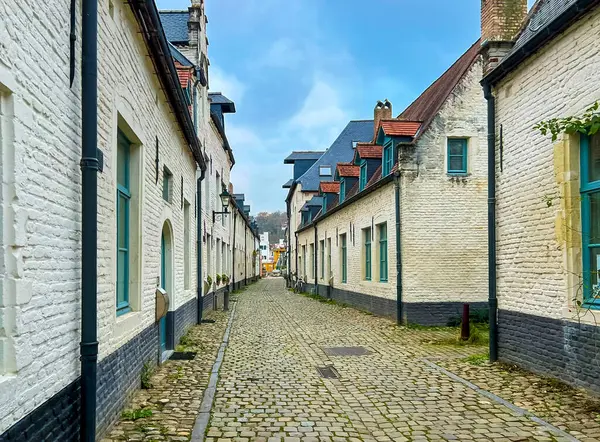 Bu resim tarihi bir koruma alanındaki güzel bir kaldırım taşı sokak setini gösteriyor. Yeşil kepenkleri ve siyah çizgileri olan beyaz tuğlalı evler sağ tarafta, açık mavi gökyüzünün altında..