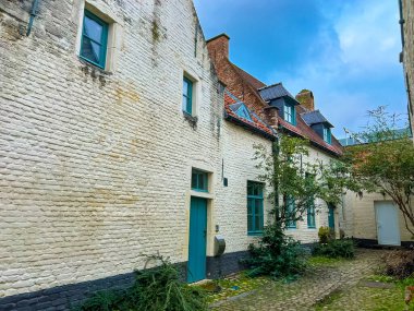 Leuven 'in merkezinde yeşil kapıları olan sevimli, eski bir ev. Sahne bulutlu bir günde çekilmiştir, karamsar gökyüzüne karşı mimari güzelliği vurgular..
