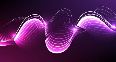 Parlayan dalgalı ışık çizgileriyle soyut olan nöral ağ, teknoloji kavramında siyah zemin üzerinde izole edilmiştir. Fütürist teknoloji kavramı. Vektör çizimi. Yüksek teknoloji iletişim konsepti.