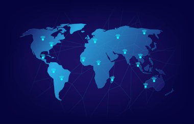 Harita teknolojisi kablosuz internet ve küresel şeylerin interneti. Şehir ve iletişim ağı konsepti EP1 tasarım küresi, nokta ve yapı. Vektör 3 boyutlu illüstrasyon. 3d oluşturma