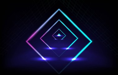 Neon partikülleri tüneli. Fütürist dikdörtgen ışıklı arka planlı ürün değişimi için boş bir aşama. Soyut teknoloji. Elementler izole vektör çizimi. ve grafik teknolojisi bilim 