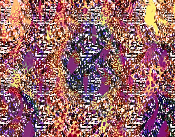 纺织品印花图案几何线条图案时装设计 抽象几何涡旋分形 领带染料背景 嬉皮士抽象迷幻条纹颜色 纺织品插图 — 图库照片