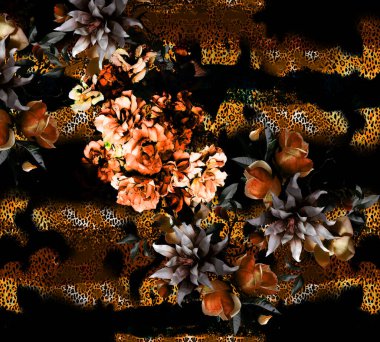 Renkli Desenler Çalışması, Leopar, Zebra, Kamuflaj ve Elbise Tasarımı. Tekstil, Kumaş, Yastık ve Modern Kolaj Şablonu, dijital baskı elbisesine basılacak muhteşem desenler, leopar zebra barok