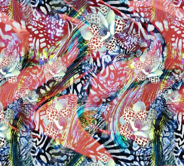 Renkli Desenler Çalışması, Leopar, Elbise Tasarımları. Tekstil, Kumaş, Yastık ve Modern Kolaj Şablonu. Dijital baskı elbisesi, moda tasarımları, baskı, moda desenleri.